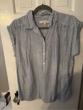 LOFT Blue & White Vertical Stripe Short-Sleeve Button Henley